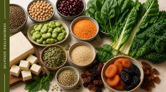 Aliments végétaux riches en fer à associer à l'ortie pendant la grossesse  lentilles, tofu, légumes verts, graines et fruits secs - Herboristerie Sensathé